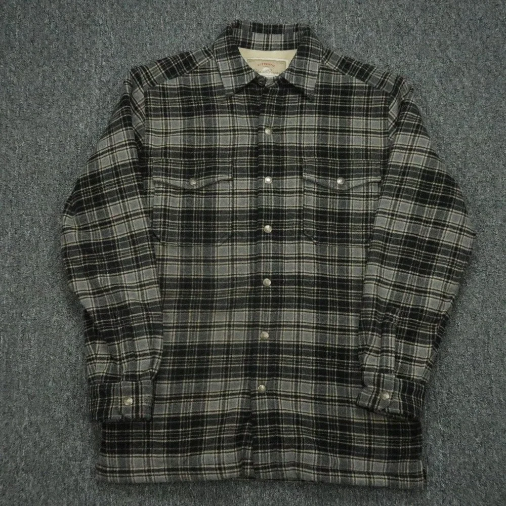 Eddie Bauer Jacket Mens Small Black Gray Plaid Sherpa Lined Wool Blend Outdoor‎